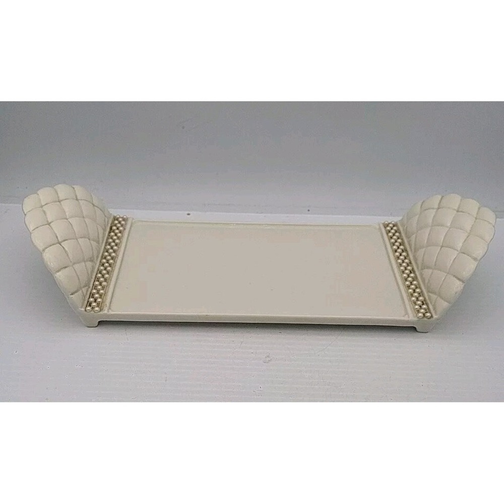 Vintage Porcelain Vanity Tray Off White w/ Faux Pearls